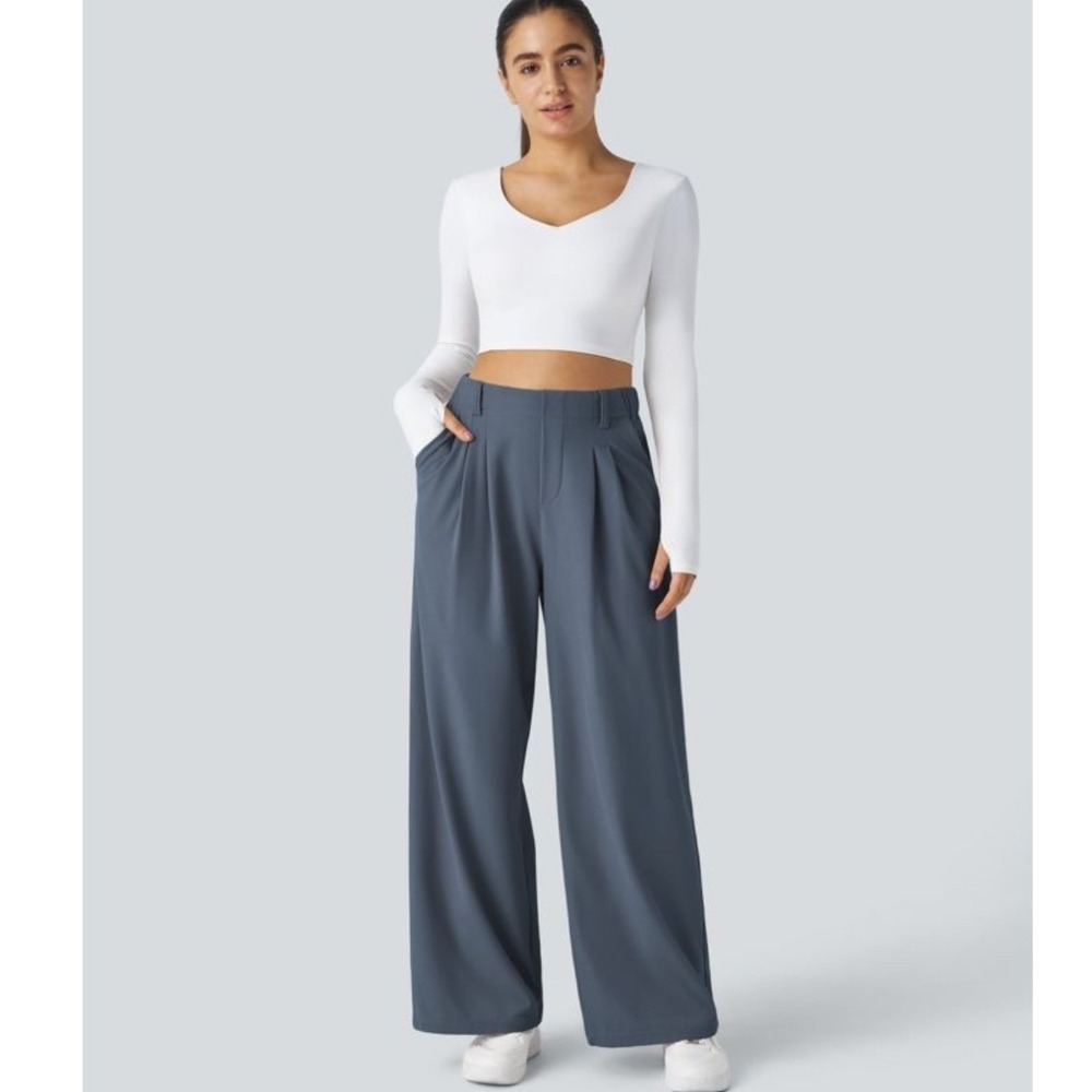 NWT Halara Flex High Waisted Pleated Wide Leg Waffle Work Pants Blue Size S - Picture 9 of 12